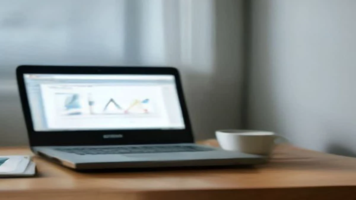 Bright minimal desk with a laptop and a smartphone showing an abstract rising line chart in window light